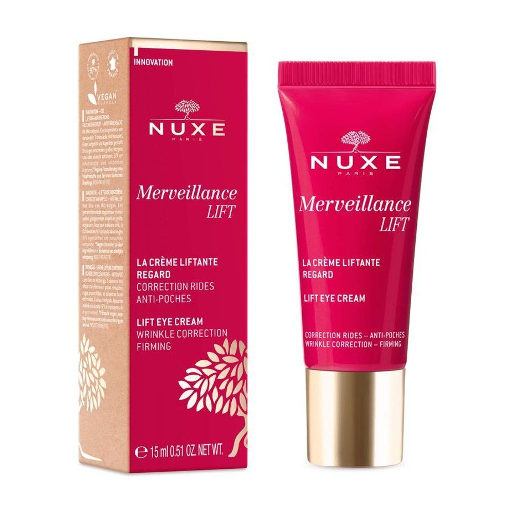 Achterkant van de Nuxe Merveillance Lift oogcrème tube met instructies en ingrediënten.