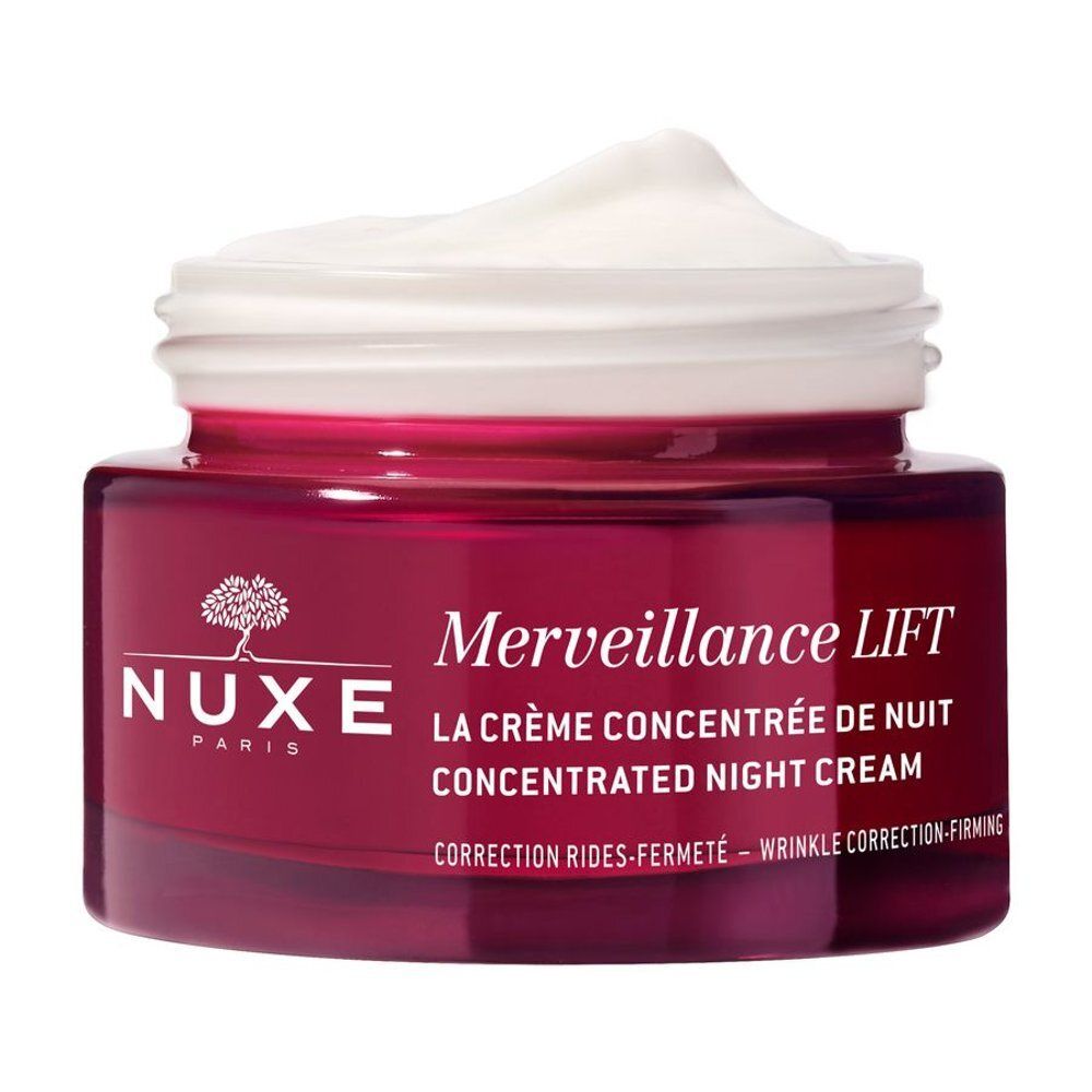 Nuxe Merveillance LIFT nachtcrème pot met zilverkleurig deksel en boom-embleem.