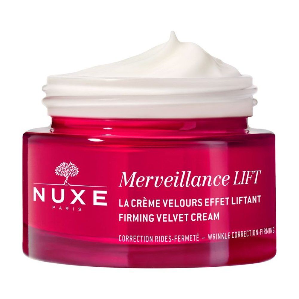 Nuxe Merveillance Lift Firming Velvet Cream pot met zilverkleurig deksel en rode body.