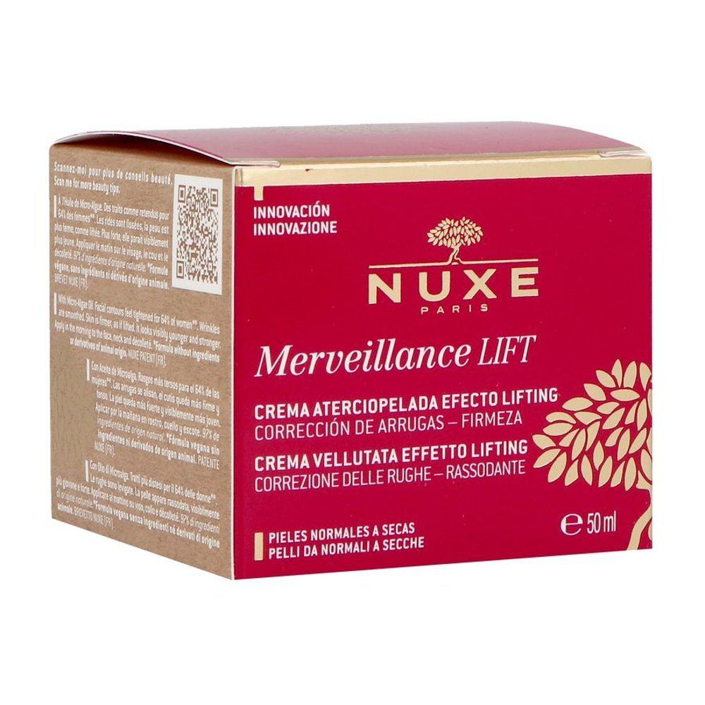 Nuxe Merveillance Lift Firming Velvet Cream pot met zilverkleurig deksel en rode body.