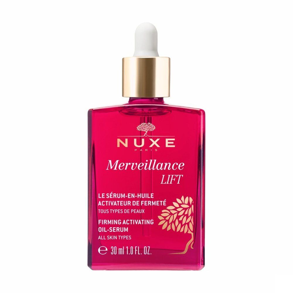 Rode glazen fles met druppelaar, Nuxe Merveillance Lift Firming Activating Oil-Serum, 30ml.