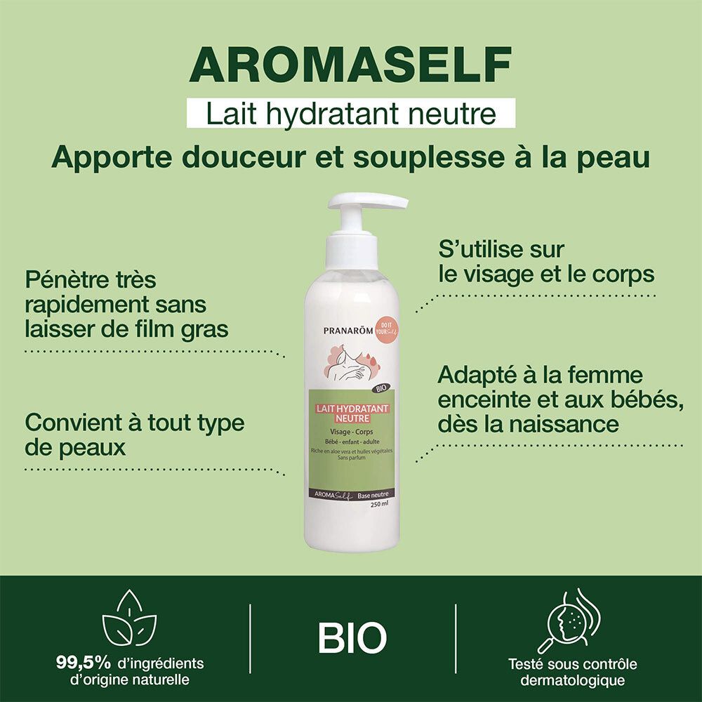 Witte fles met pomp. Tekst: Aromaself, Lait hydratant neutre. Geschikt voor gezicht en lichaam, voor zwangere vrouwen en baby's.