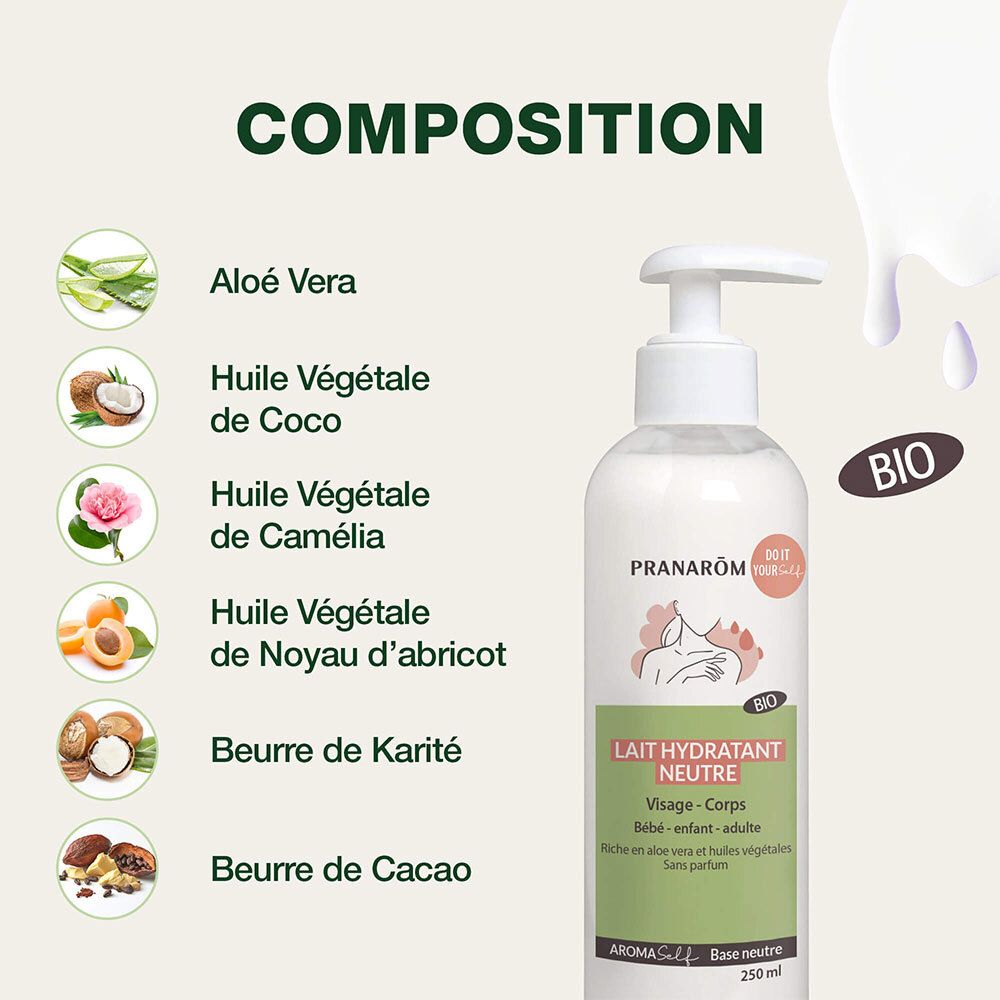 Ingrediënten: Aloë Vera, Kokosolie, Camelia-olie, Abrikozenpitolie, Sheaboter, Cacaoboter. Fles met pomp.