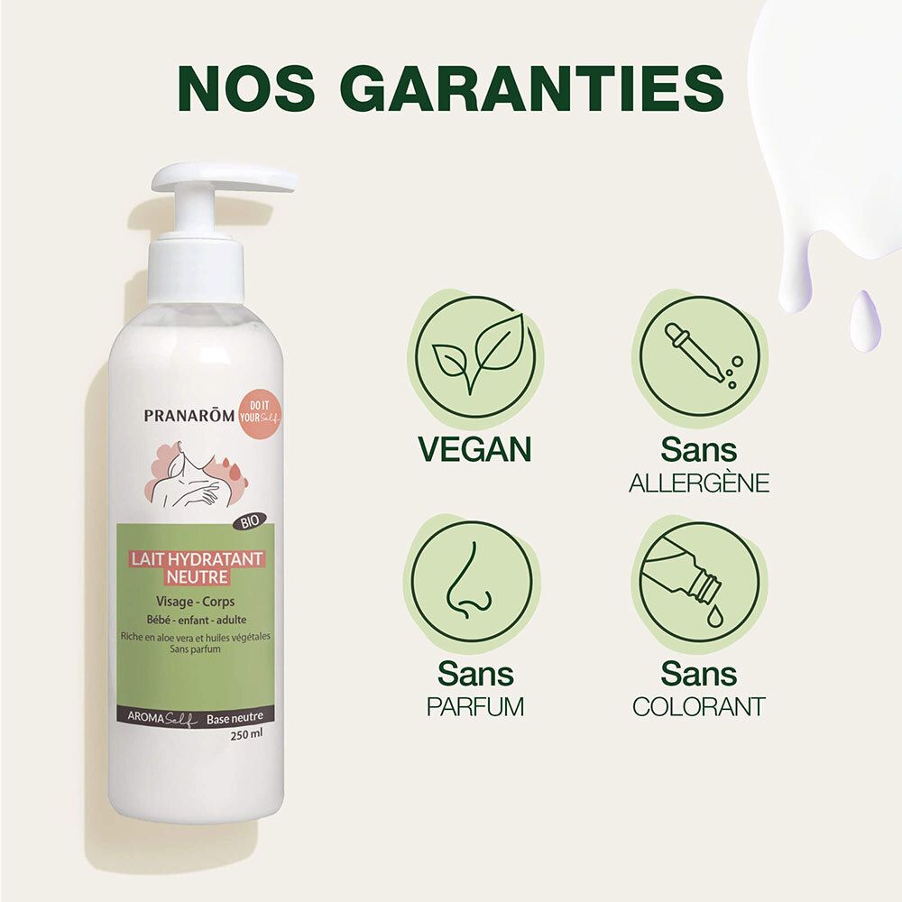 Tekst: Vegan, Zonder allergenen, Zonder parfum, Zonder kleurstof. Fles met pomp. Tekst: Aromaself, Lait hydratant neutre.