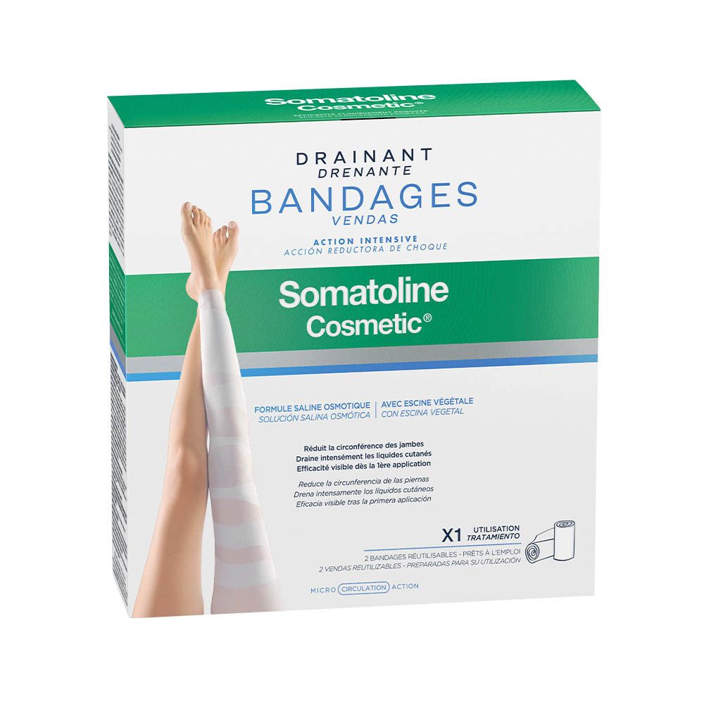 Verpakking Somatoline Cosmetic Bandages. Groen-witte doos met productnaam en beenillustratie. Bevat bandages.