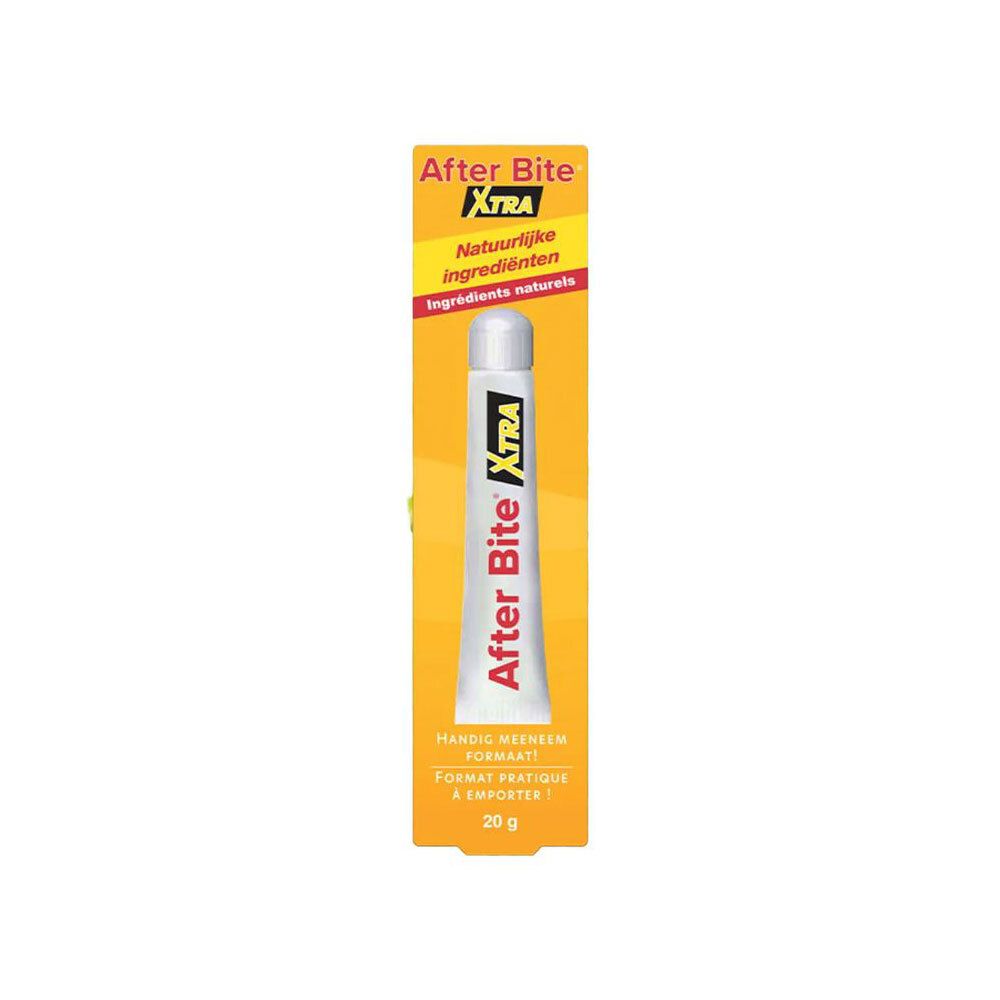 After Bite Xtra tube in gele doos. Productnaam en ingrediënten gedrukt. 20g.