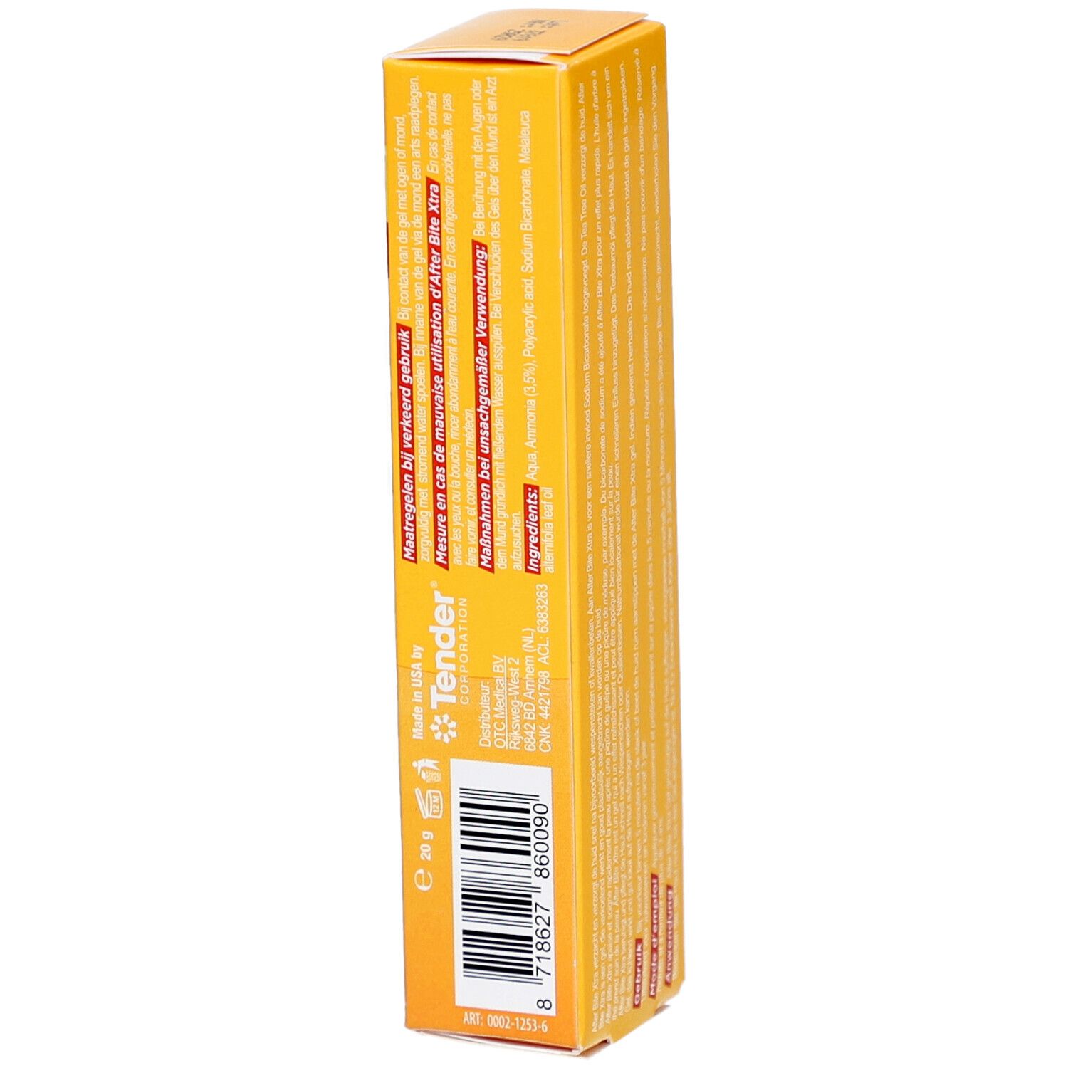 Tube After Bite Xtra dans boîte jaune. Nom du produit et ingrédients imprimés. 20g.