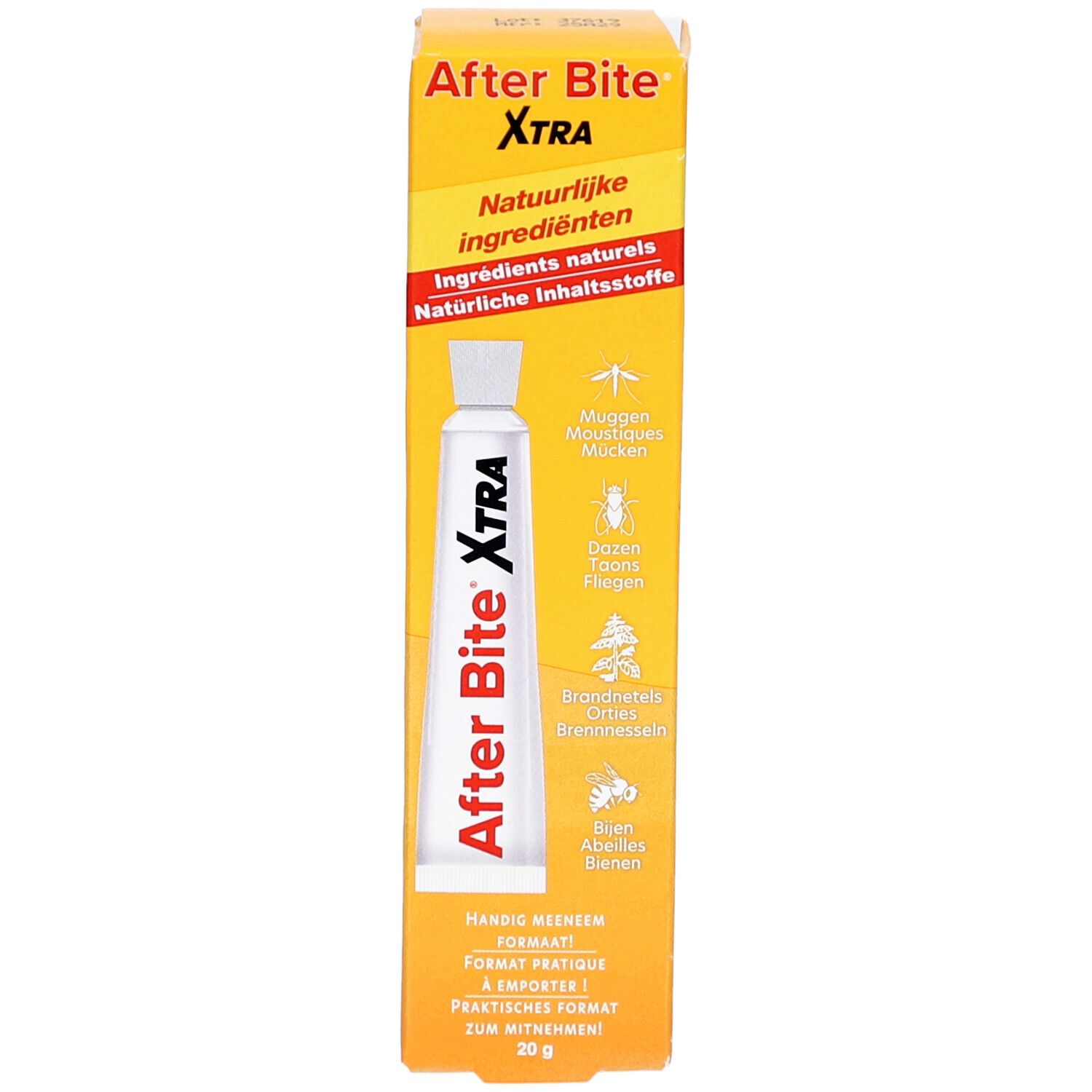 Tube After Bite Xtra dans boîte jaune. Nom du produit et ingrédients imprimés. 20g.