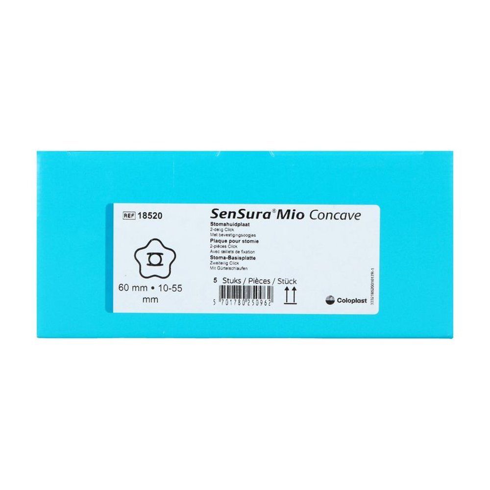 Een blauwe doos met een etiket voor Coloplast SenSura Mio Concave, 60 mm.