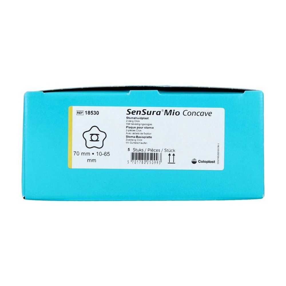 Verpakking van de Sensura Mio Concave stoma-plaat, 70 mm, 5 stuks. Bevat productinformatie en het Coloplast-logo.