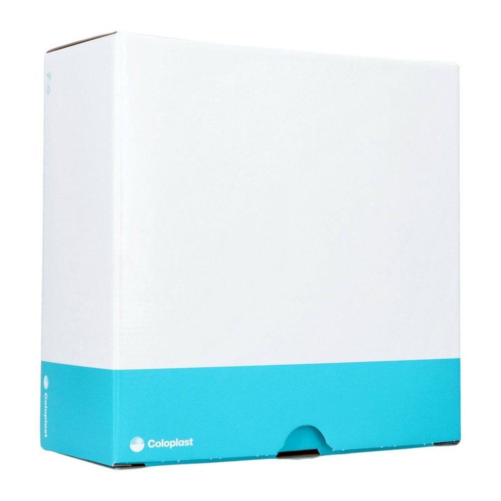 Wit en lichtblauwe productverpakking met het Coloplast-logo op de voorkant.