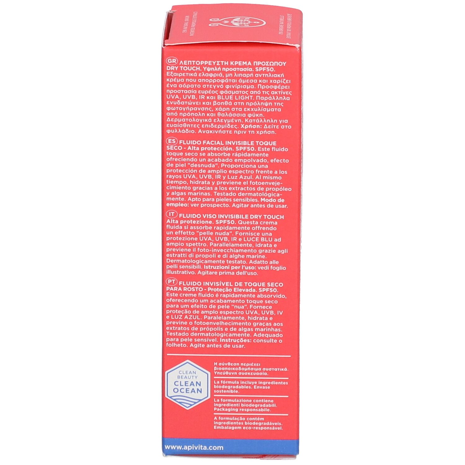 Emballage rouge avec informations produit multilingues et mention SPF30.