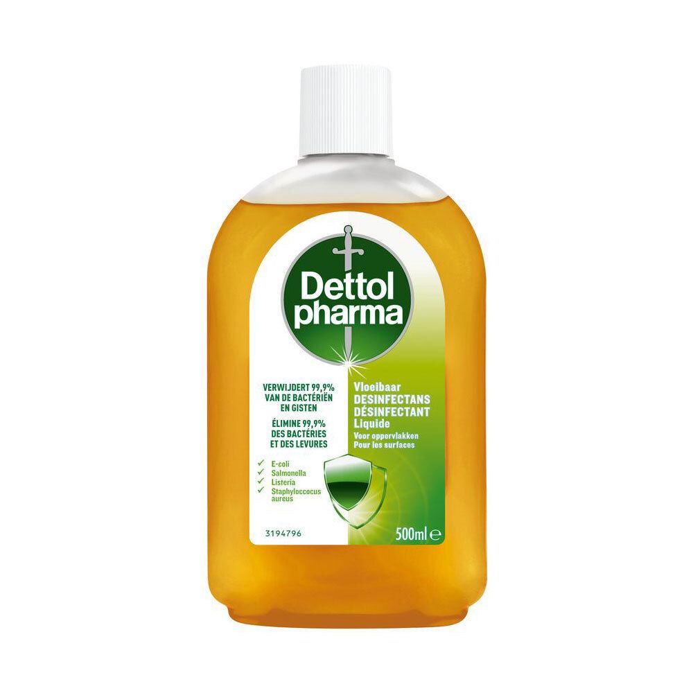 Flacon de désinfectant liquide Dettol pharma. Contient 500ml. Élimine 99,9% des bactéries et des levures.