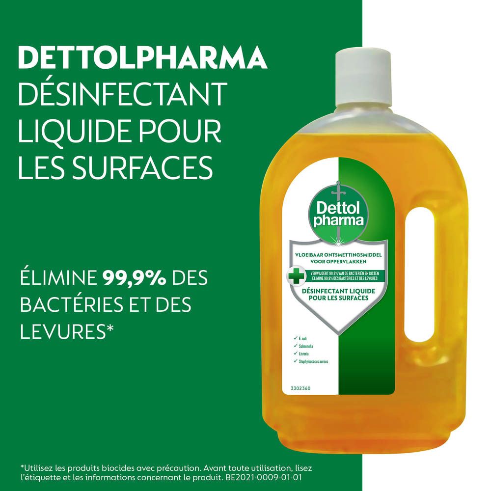 Désinfectant liquide Dettol Pharma pour surfaces : élimine 99,9% des bactéries et levures.