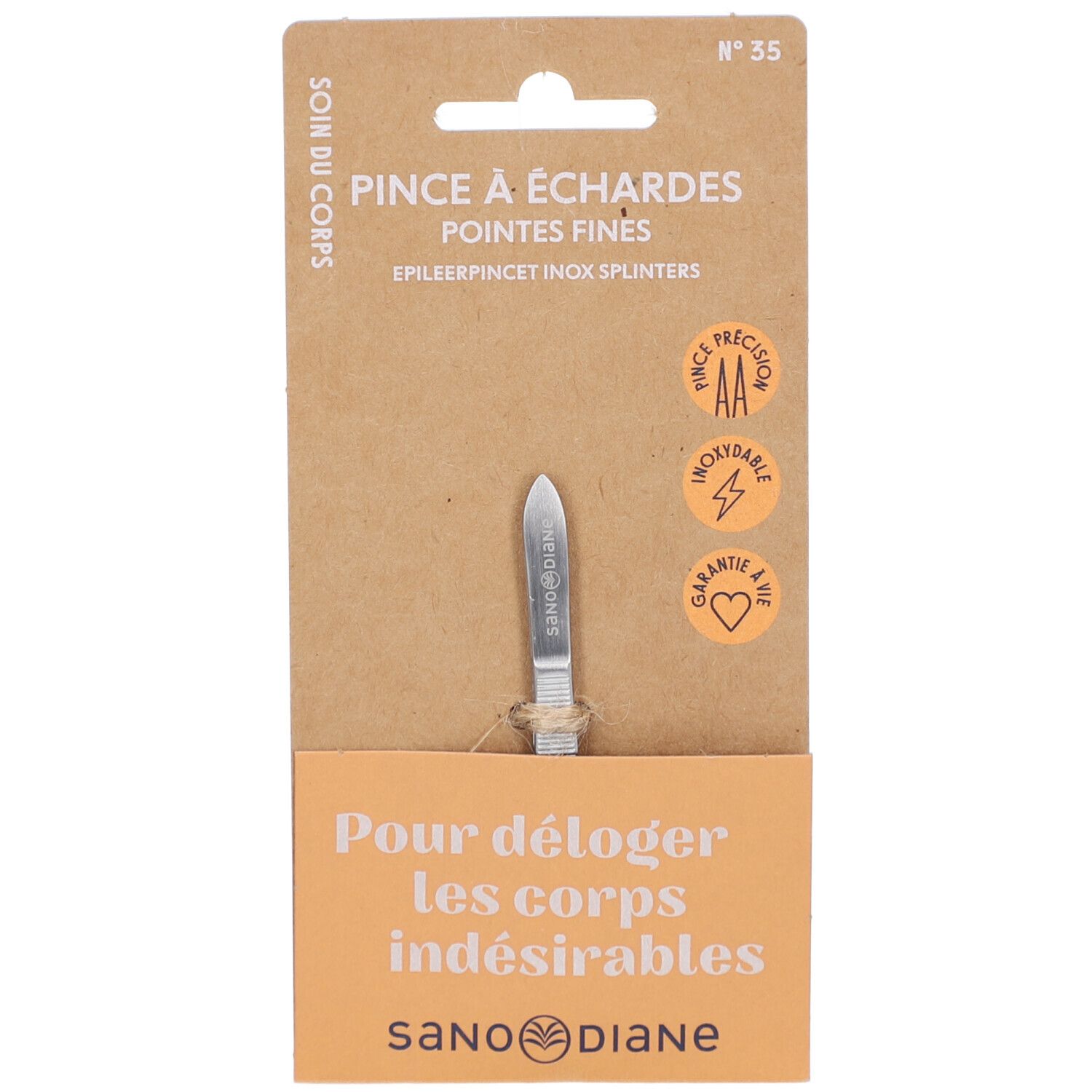 Roestvrijstalen splinterpincet. Verpakking met productnaam en tekst. Opschrift: "Pince à échardes". 