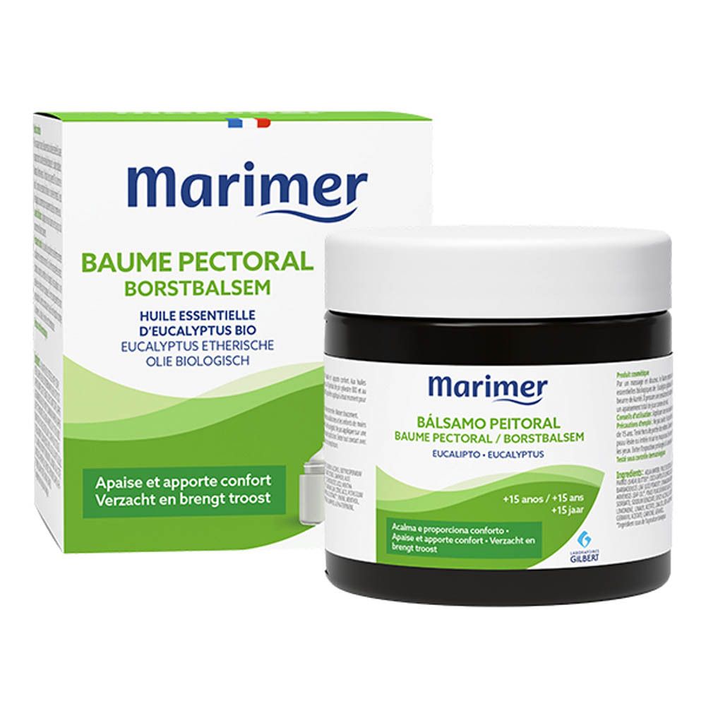 Emballage du produit avec pot et boîte. Inscription : Marimer, Baume Pectoral. Boîte avec graphisme vert.