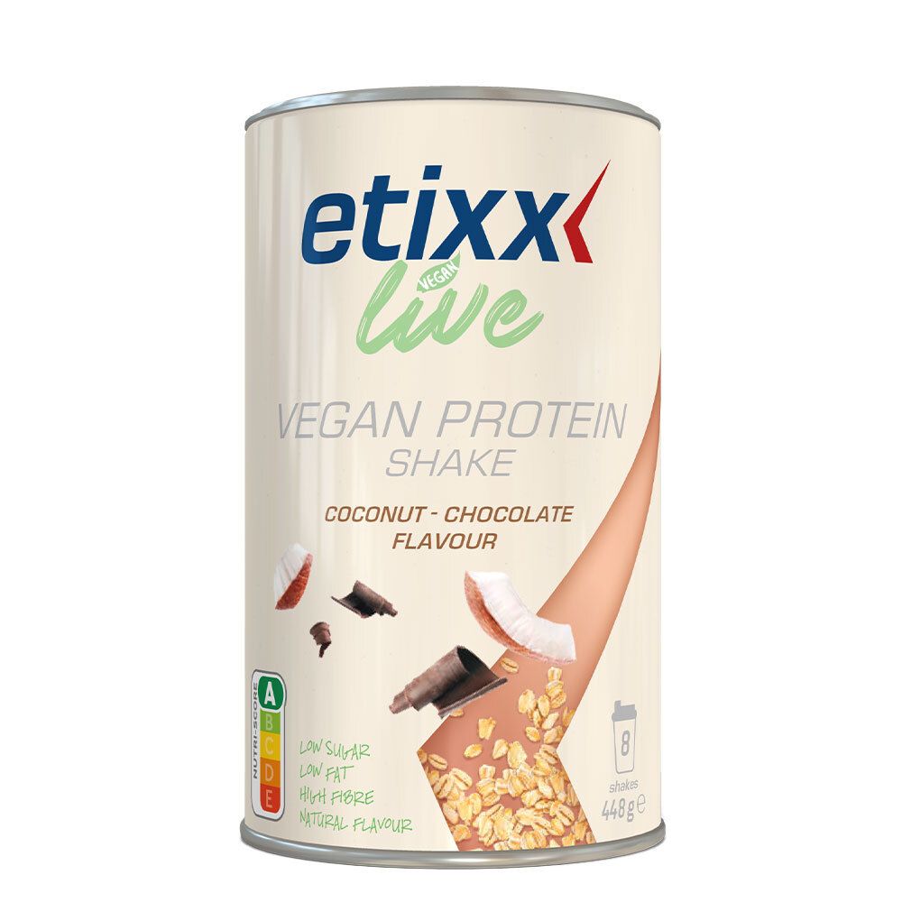 Blik etixx Live Vegan Protein Shake. Kokosnoot-chocoladesmaak. Bevat kokos- en chocoladestukjes. A-label.