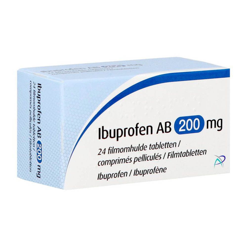 Doos Ibuprofen AB 200 mg. Blauw en witte verpakking. Bevat 24 filmomhulde tabletten.