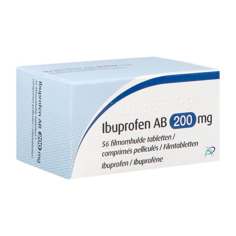 Lichtblauwe doos Ibuprofen AB 200 mg. Opschrift: 56 filmomhulde tabletten. Logo.