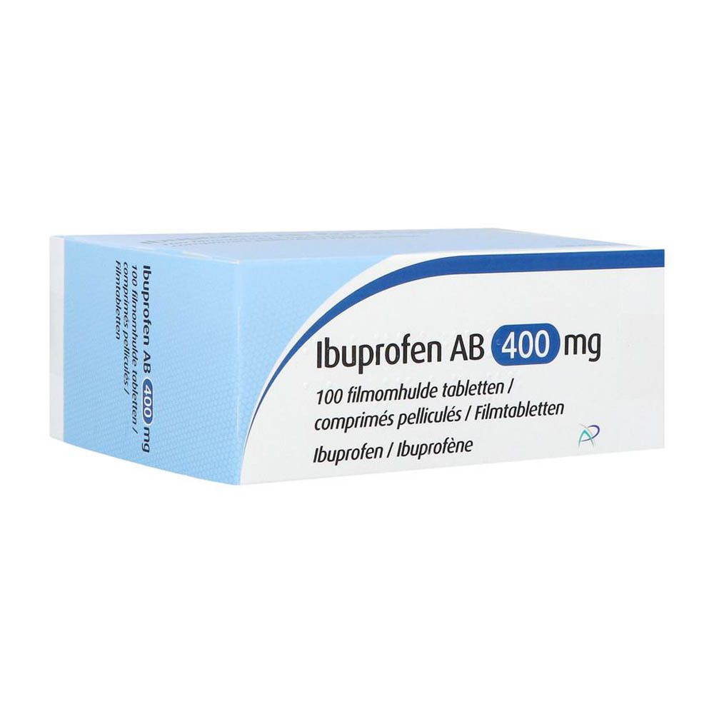 Ibuprofen AB 400 mg doos. Blauw-witte verpakking met groene accenten. Tekst.