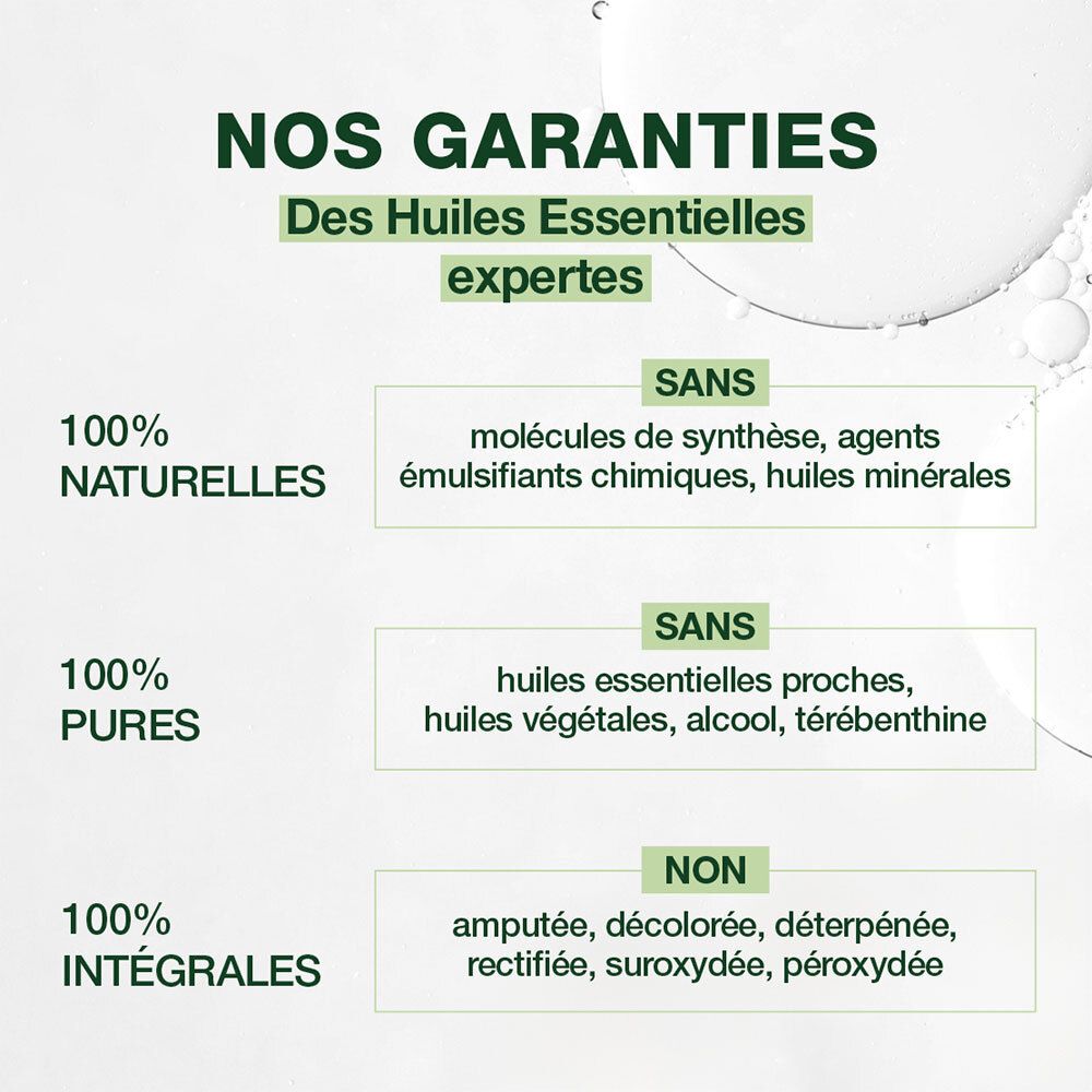 Tekst op groene achtergrond. Opschrift: Nos Garanties. 100% Naturelles, Pures, Intégrales. Zonder synthetische moleculen.