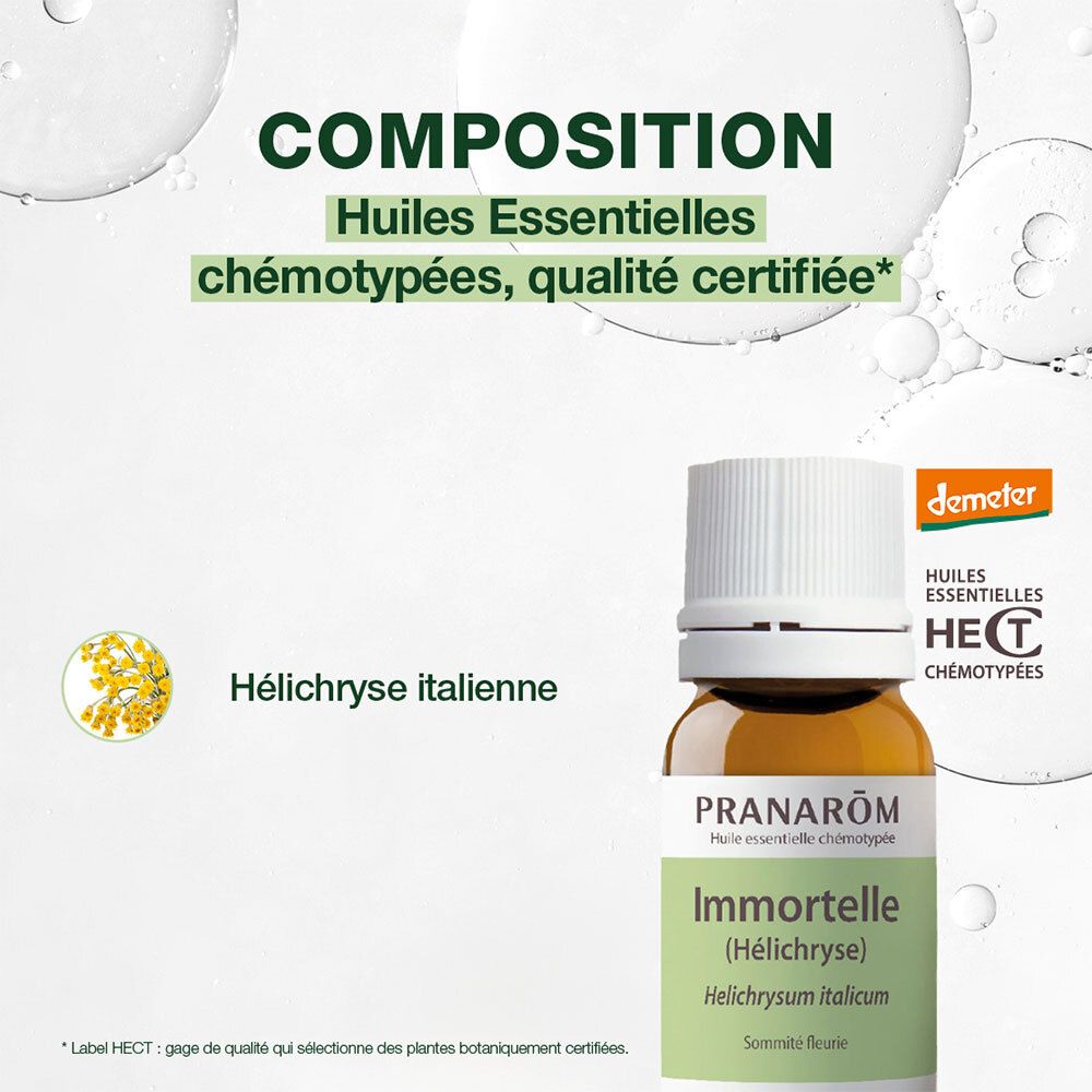 Bruine glazen fles met witte dop. Opschrift: Pranarôm, Immortelle. Groene achtergrond met tekst en logo.