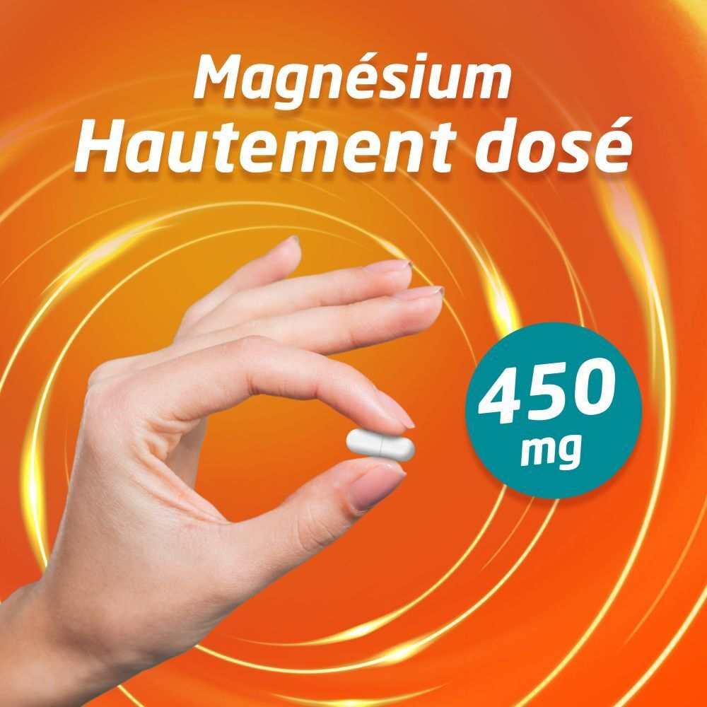 Main tenant une gélule. Texte: Magnésium fortement dosé, 450 mg.