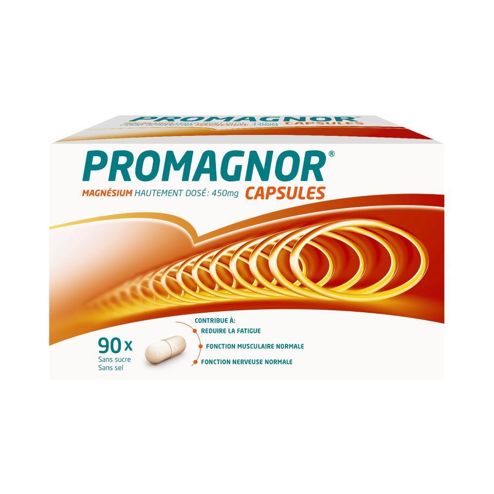 Boîte de Promagnor avec 90 capsules. Contient 450mg de magnésium. Capsule blanche à côté.