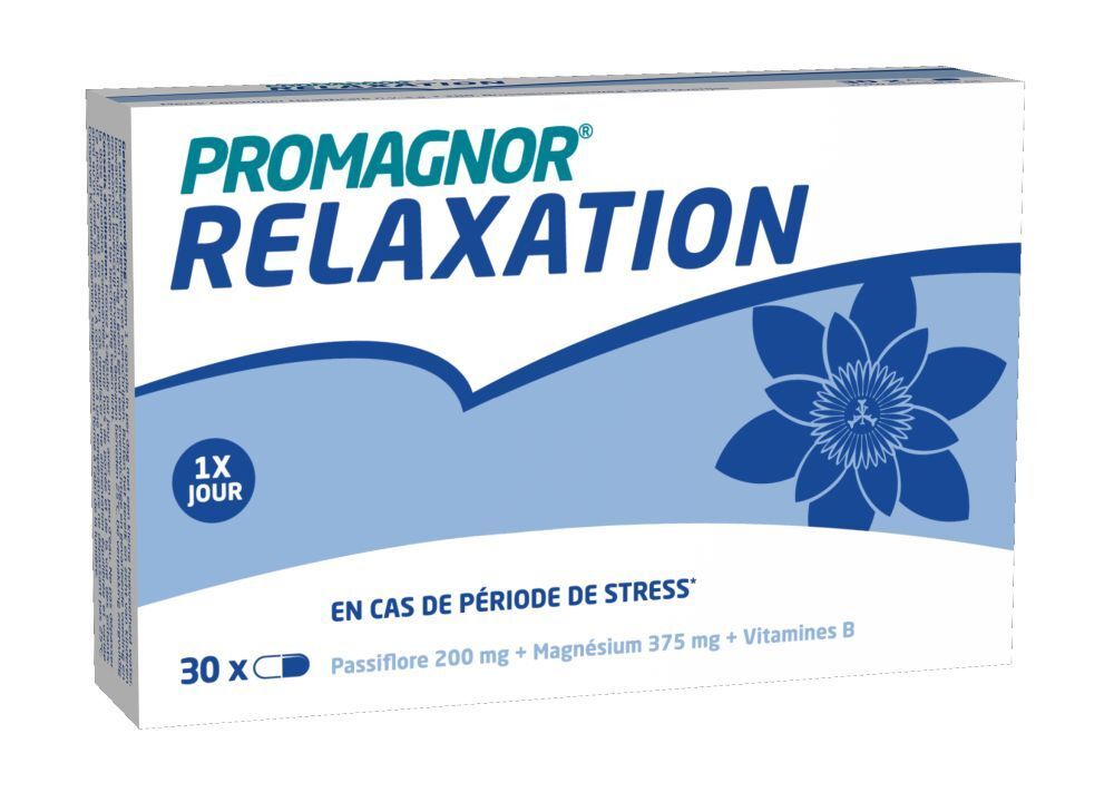 Boîte de Promagnor Relaxation. Emballage bleu et blanc. Contient 30 gélules.