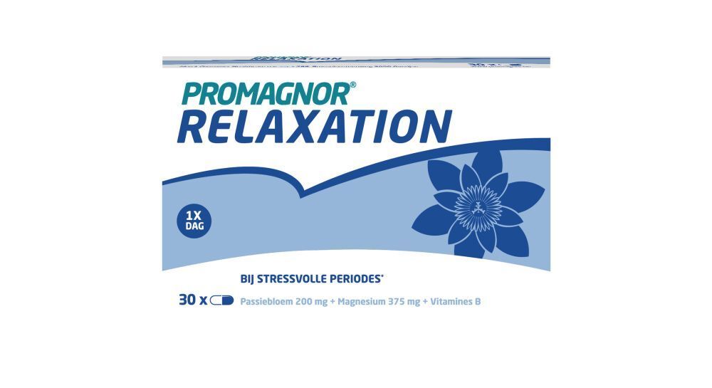 Doos Promagnor Relaxation. Blauw en witte verpakking. Bevat 30 capsules.