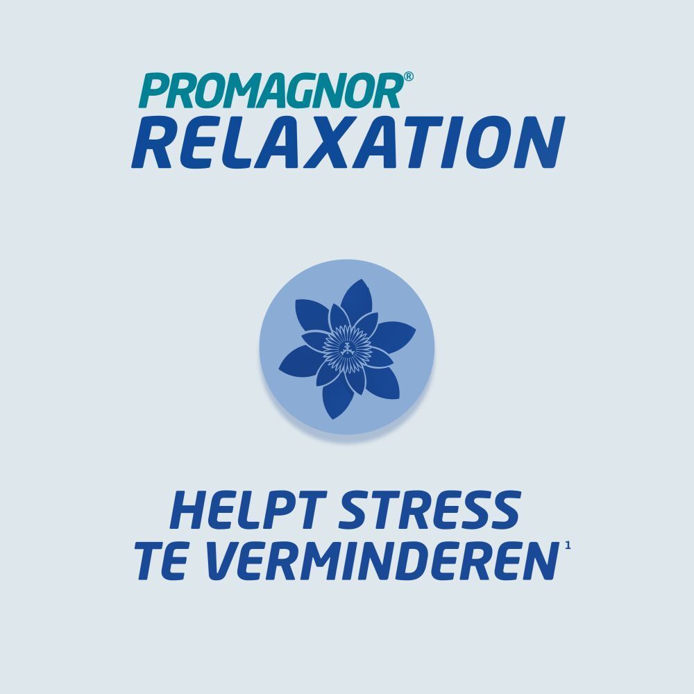 Doos Promagnor Relaxation. Bevat 30 capsules. Tekst: 1x per dag.