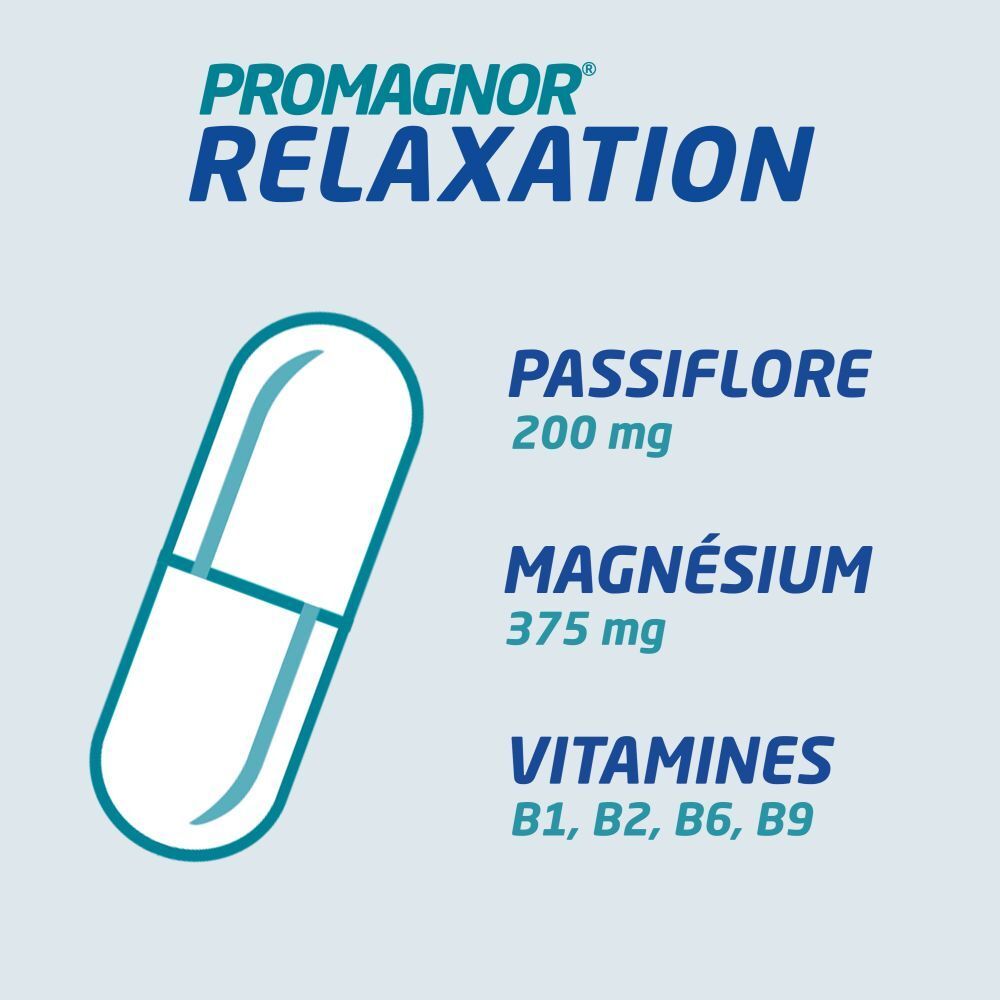 Boîte PROGMAGNOR® Relaxation. 60 gélules. Texte : 1x par jour. En cas de stress.