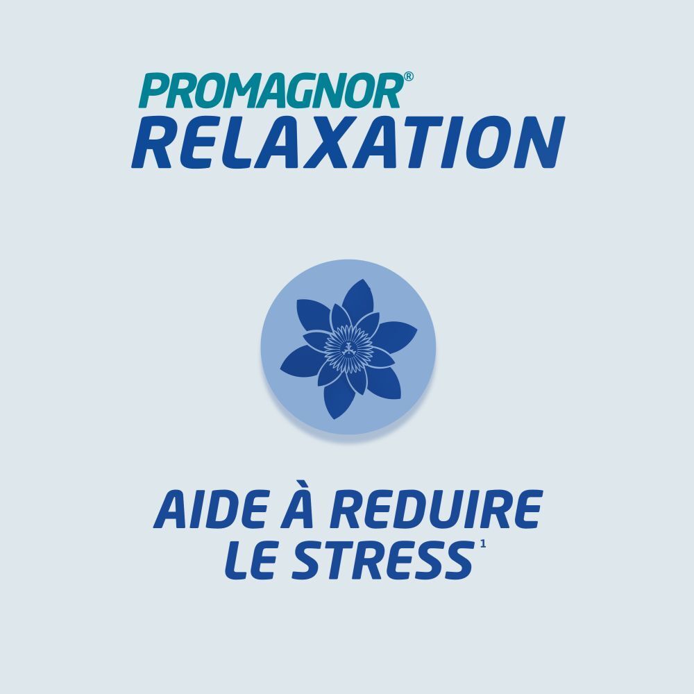 Boîte PROGMAGNOR® Relaxation. 60 gélules. Texte : 1x par jour. En cas de stress.