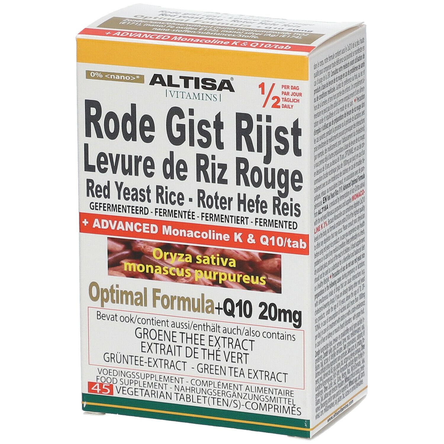 Verpakking met Rode Gist Rijst, Levure de Riz Rouge. Bevat Q10 20mg. 45 tabletten. Merk: Altisa.