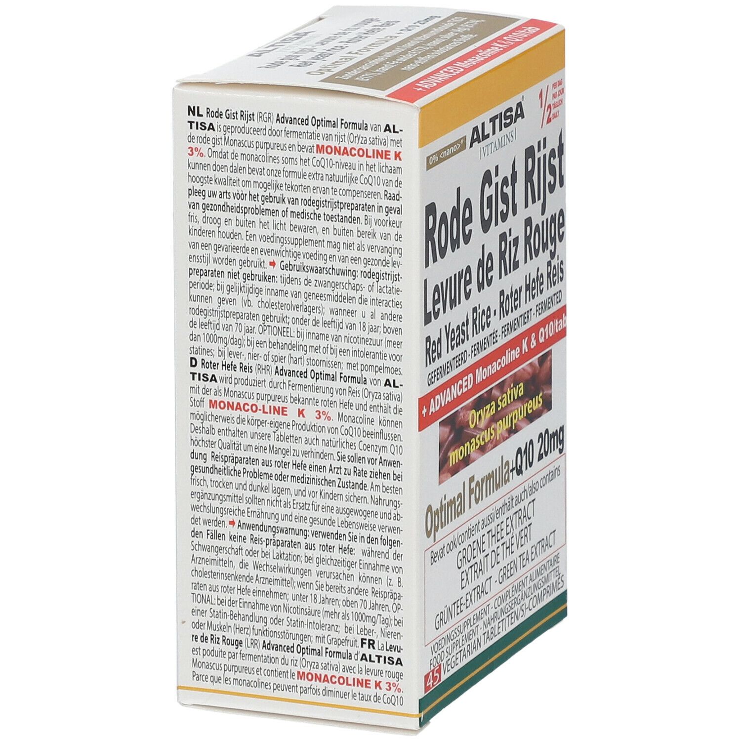Verpakking van Rode Gist Rijst, Levure de Riz Rouge. Tekst in het Nederlands, Frans en Duits. Merk: Altisa.