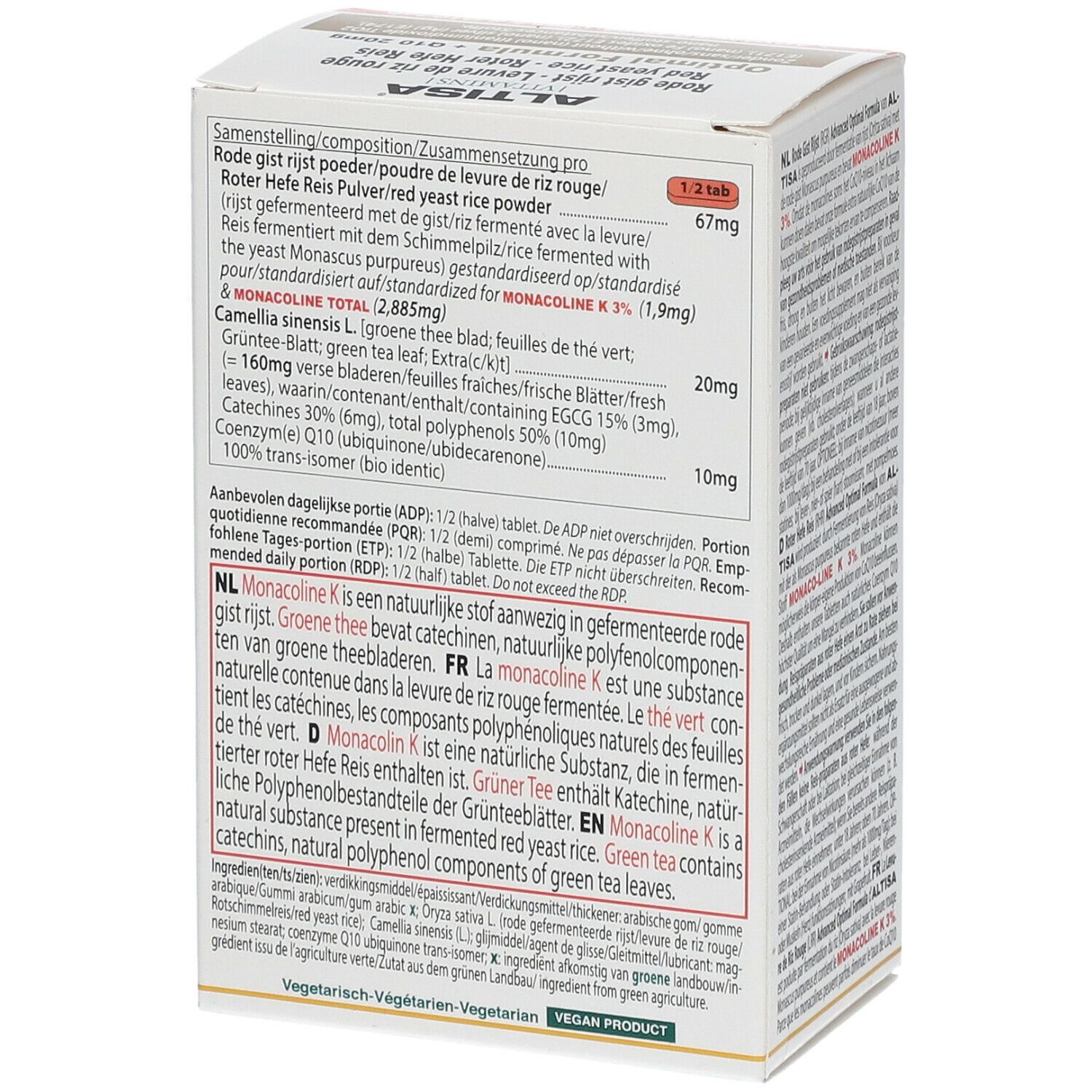 Verpakking van Rode Gist Rijst, Levure de Riz Rouge. Ingrediënten. Merk: Altisa. Veganistisch logo.