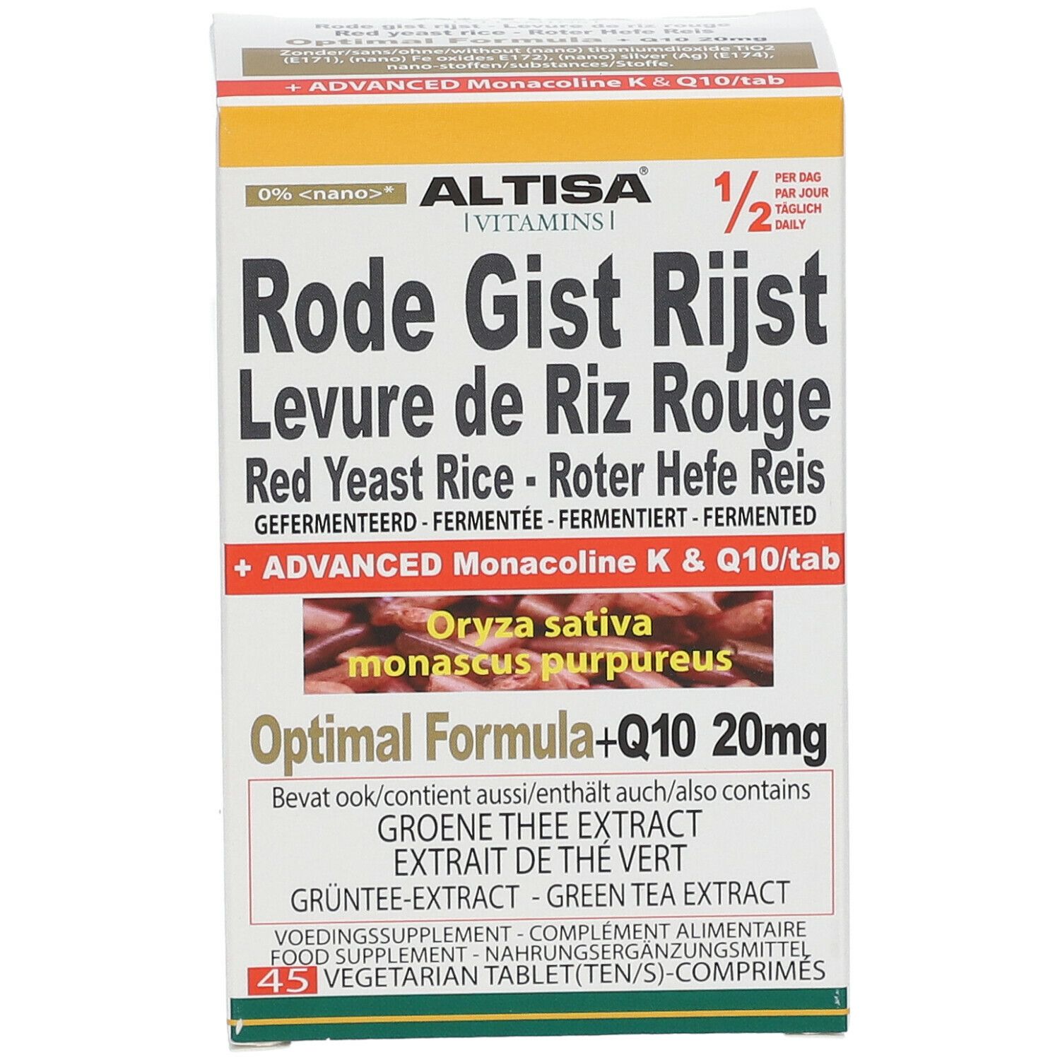 Verpakking van Rode Gist Rijst, Levure de Riz Rouge. Bevat Q10 20mg. 45 tabletten. Merk: Altisa.