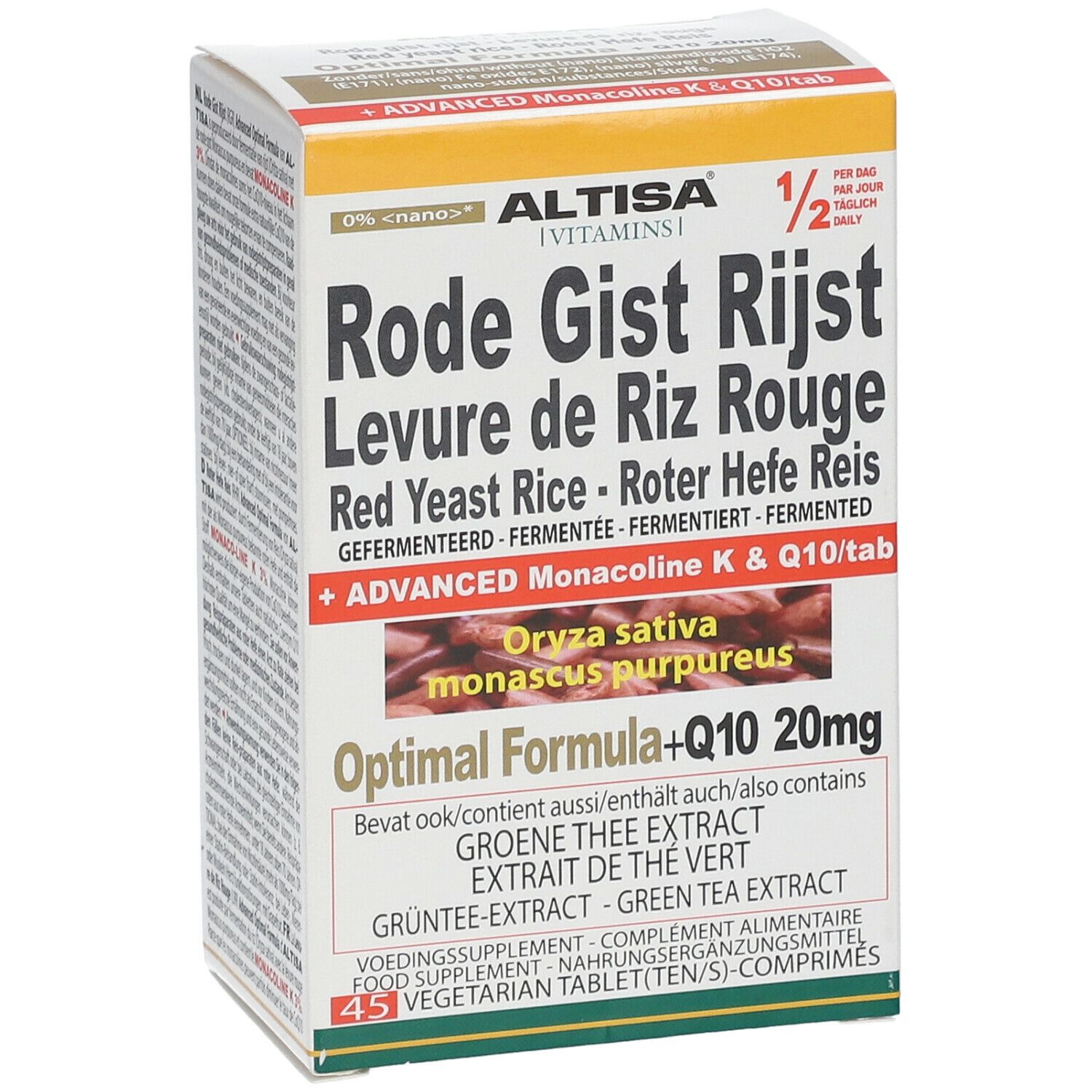 Verpakking van Rode Gist Rijst, Levure de Riz Rouge. Bevat Q10 20mg. 45 tabletten. Merk: Altisa.