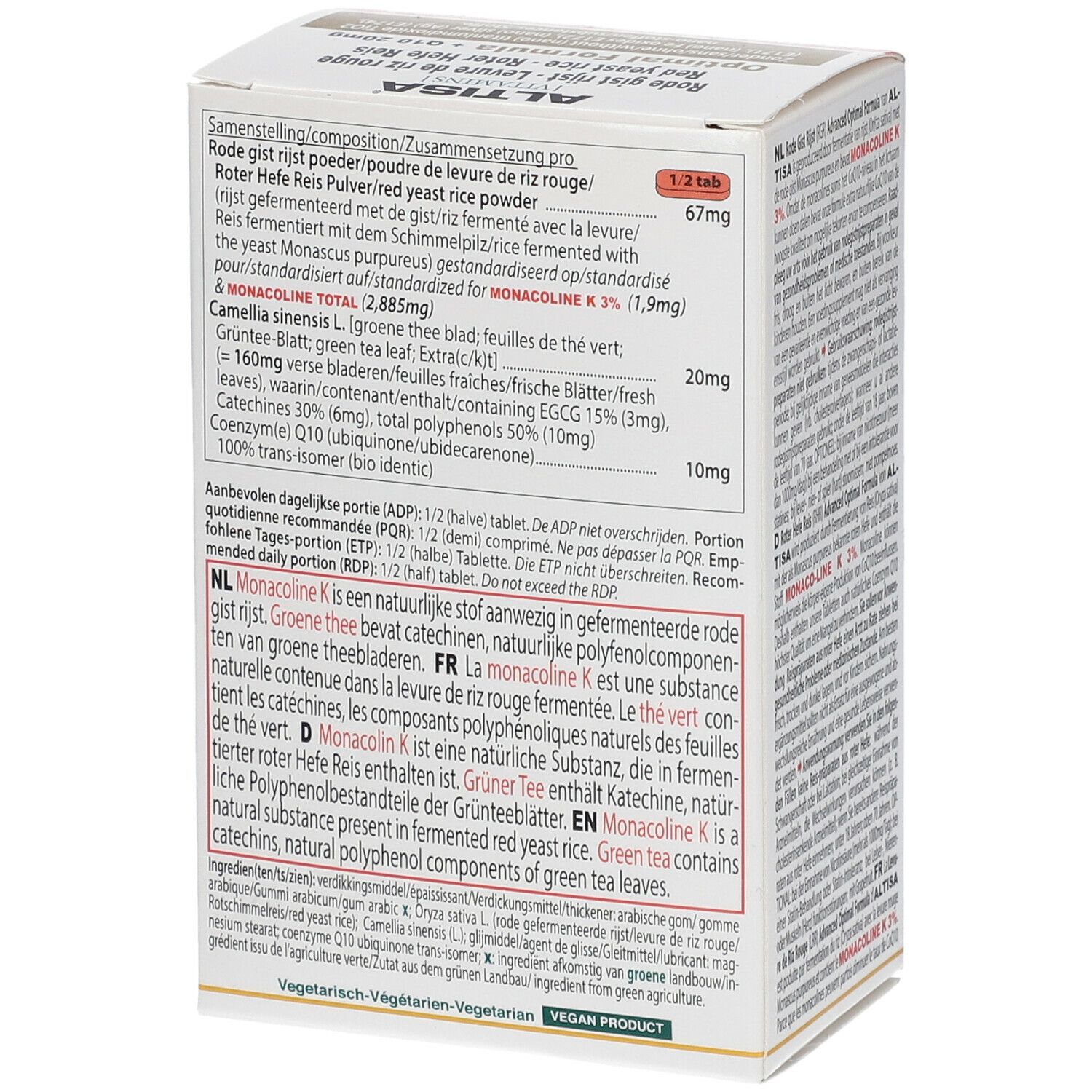 Achterkant van de productverpakking. Bevat informatie over ingrediënten en dosering. Meertalige tekst.