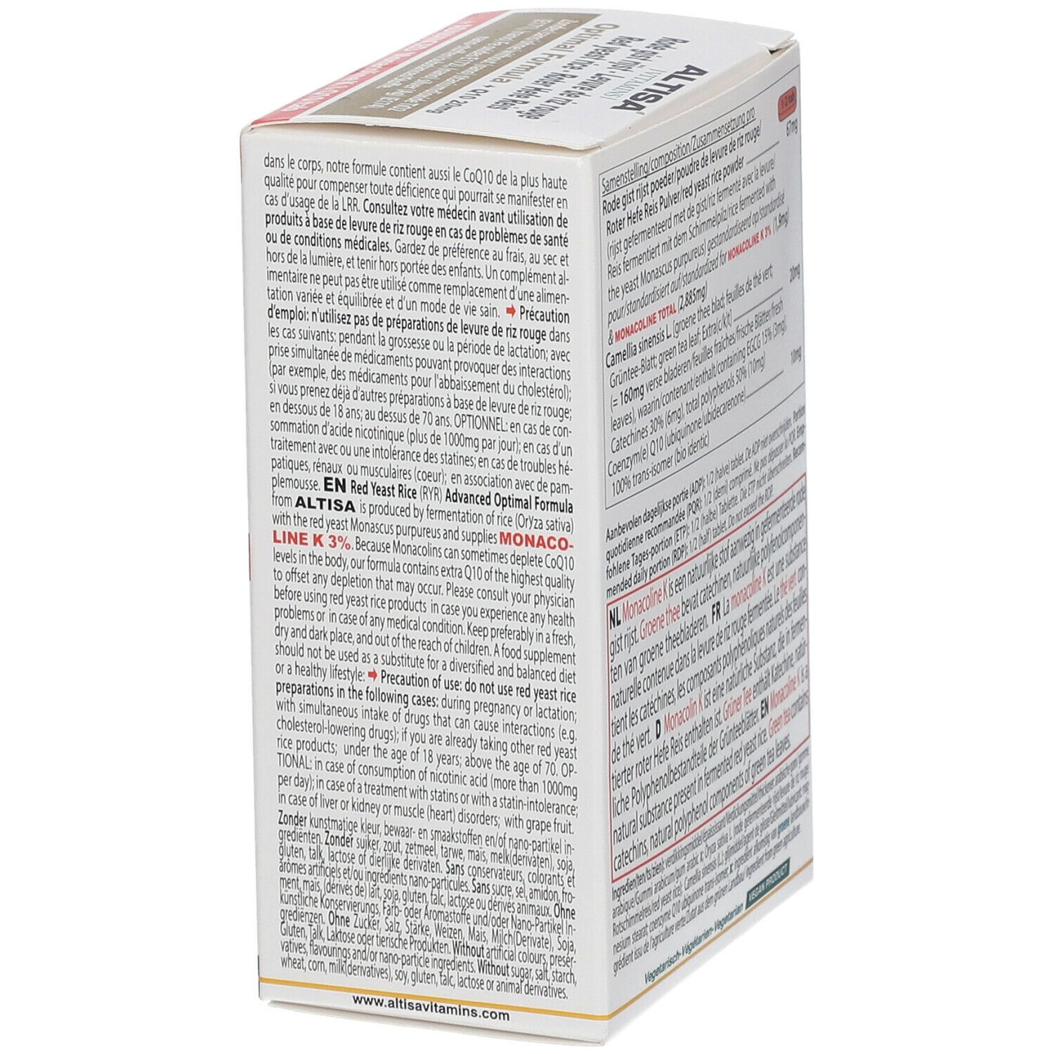 Zijaanzicht van de productverpakking. Meertalige tekst. Bevat Altisa Levure de Riz Rouge.