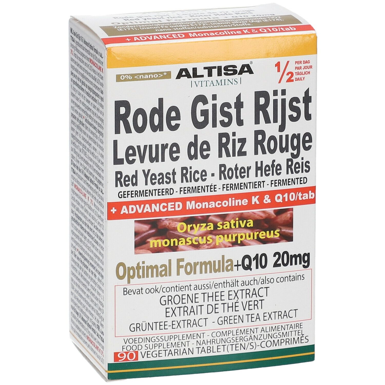 Productverpakking met naam en ingrediënten. Meertalige tekst. Bevat Altisa Levure de Riz Rouge.