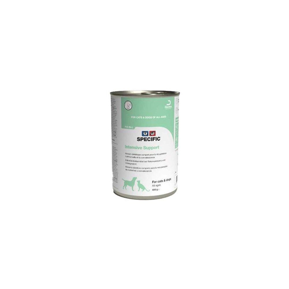 Blik met opdruk. Bevat "SPECIFIC Intensive Support" voor honden en katten. Blik met logo en tekst. 400g.