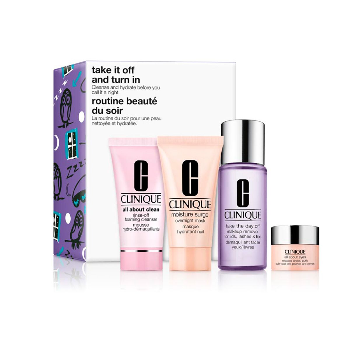 Coffret CLINIQUE avec quatre produits : nettoyant moussant, masque hydratant, crème pour les yeux et démaquillant. Emballage avec motif de hiboux.