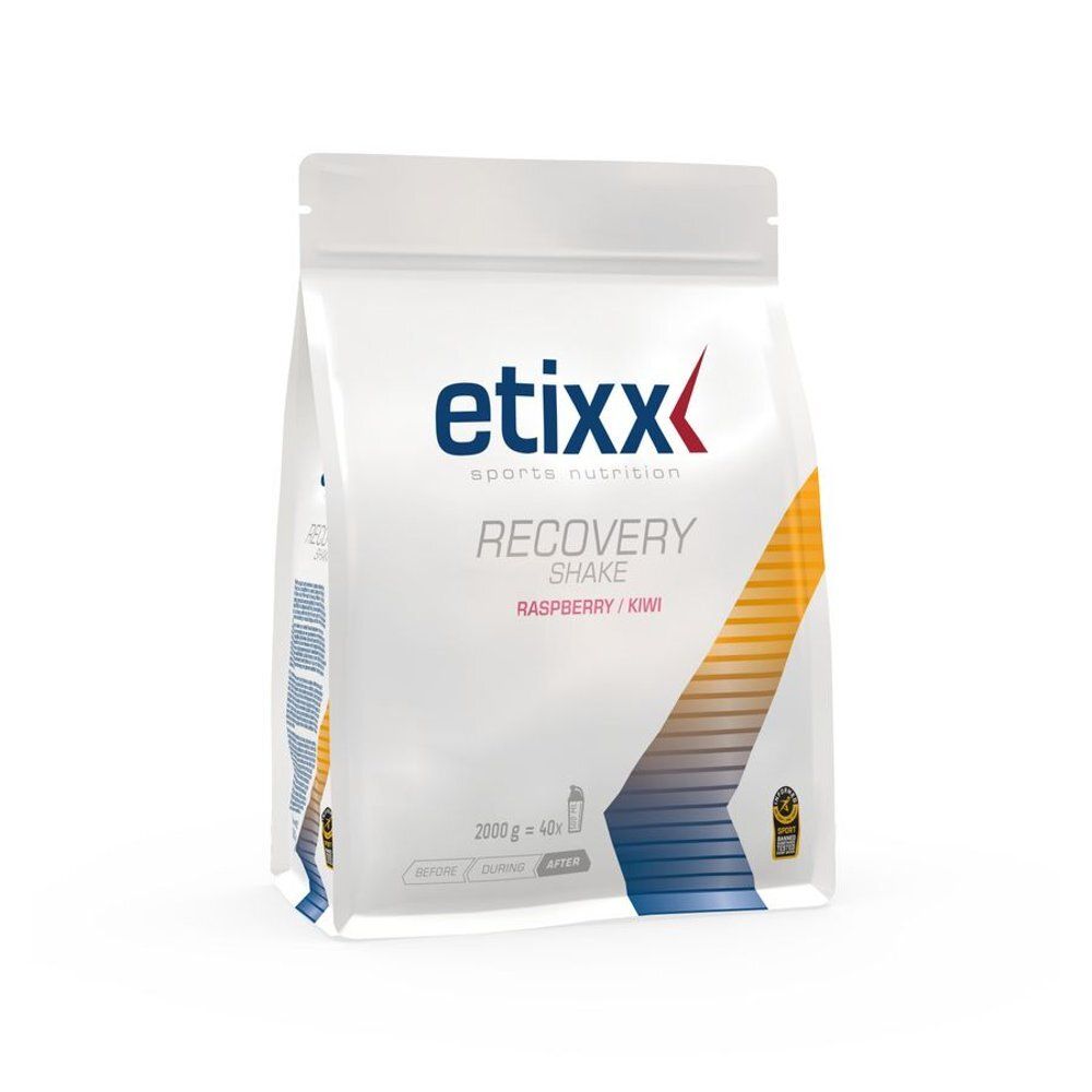 Witte zak met « etixx » logo en « Recovery Shake ». Opschrift « Himbeer-Kiwi ». Verpakking van 2000g.