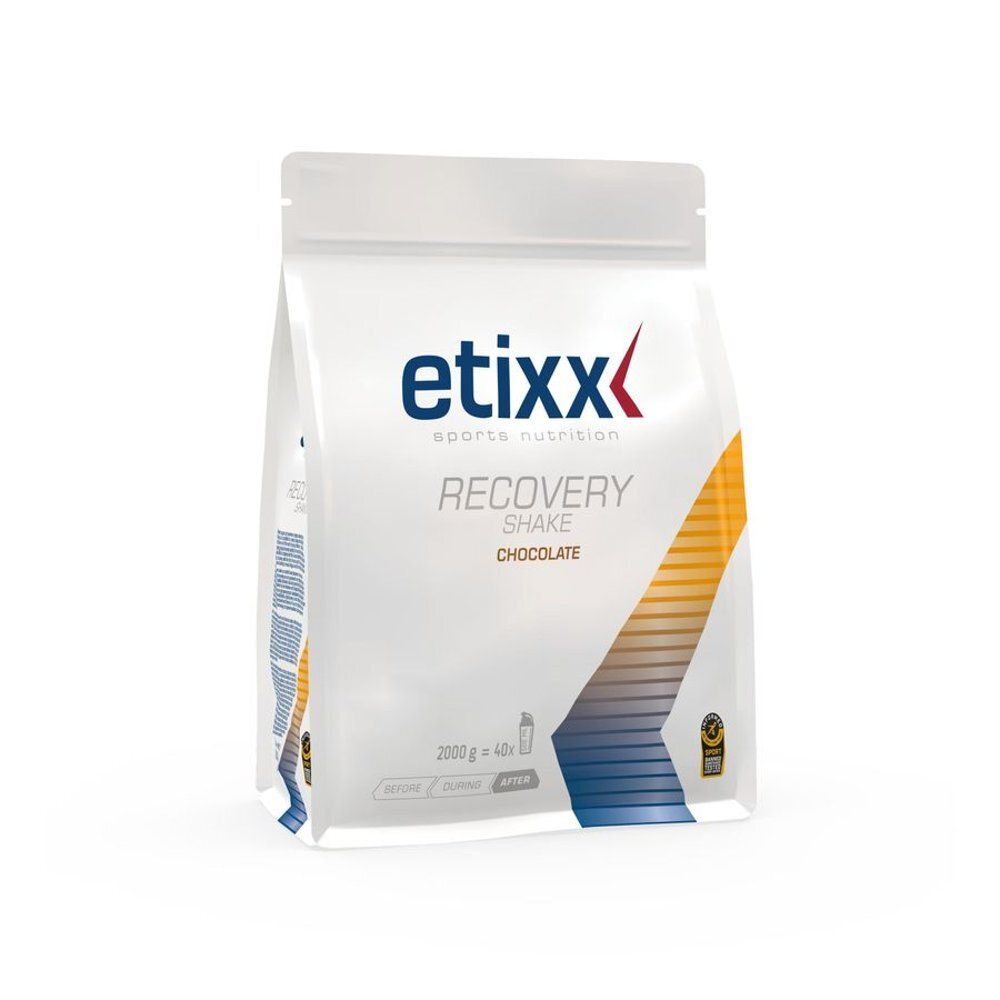 Zak etixx Recovery Shake chocolade. Wit, met logo en productnaam. Verpakking van 2000g.