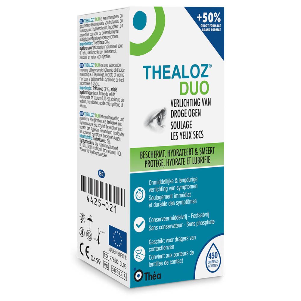 Verpakking Thealoz Duo. Productnaam, oogafbeelding en tekst. Groen-witte kleurstelling. Met '+50%' opdruk.