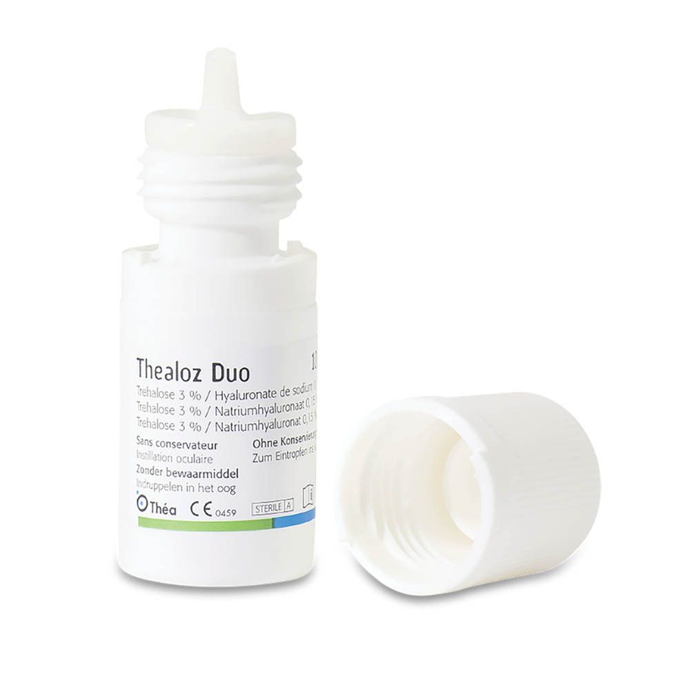 Thealoz Duo oogdruppelfles en open dop. Fles met opschrift. Dop wit.