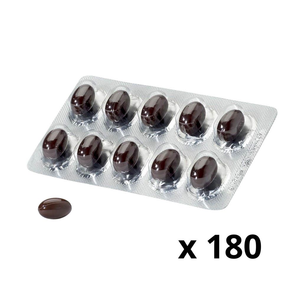 Blisterverpakking met bruine capsules. Enkele capsule ernaast.