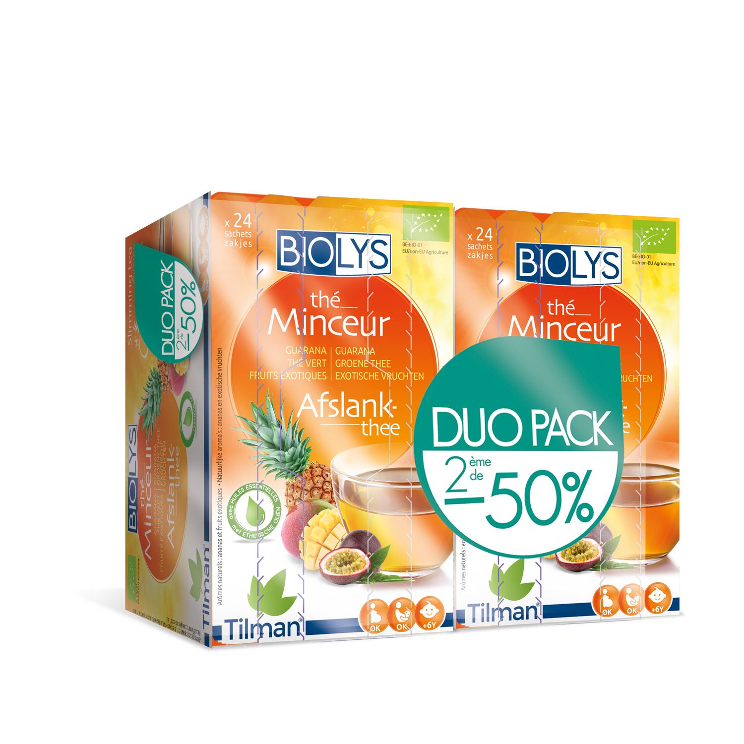 BIOLYS Thé Minceur Duo-Pack. Twee verpakkingen thee met guarana, groene thee en exotisch fruit. 2x24 zakjes.