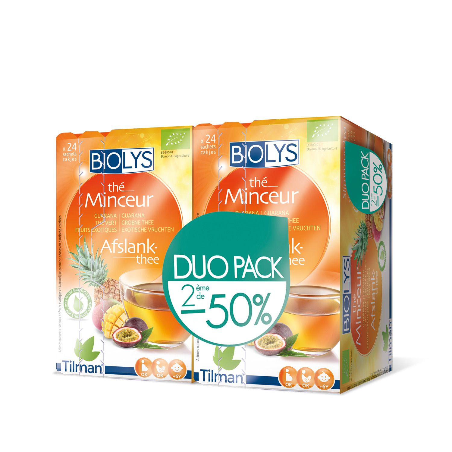 BIOLYS Thé Minceur Duo-Pack. Twee verpakkingen thee met guarana, groene thee en exotisch fruit. 2x24 zakjes.